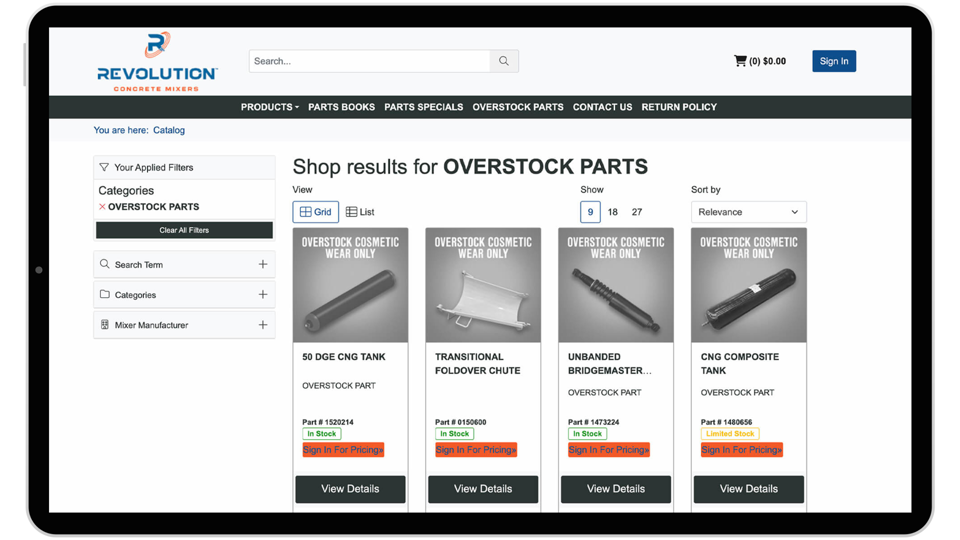 clarity product-catalog screenshot in tablet frame